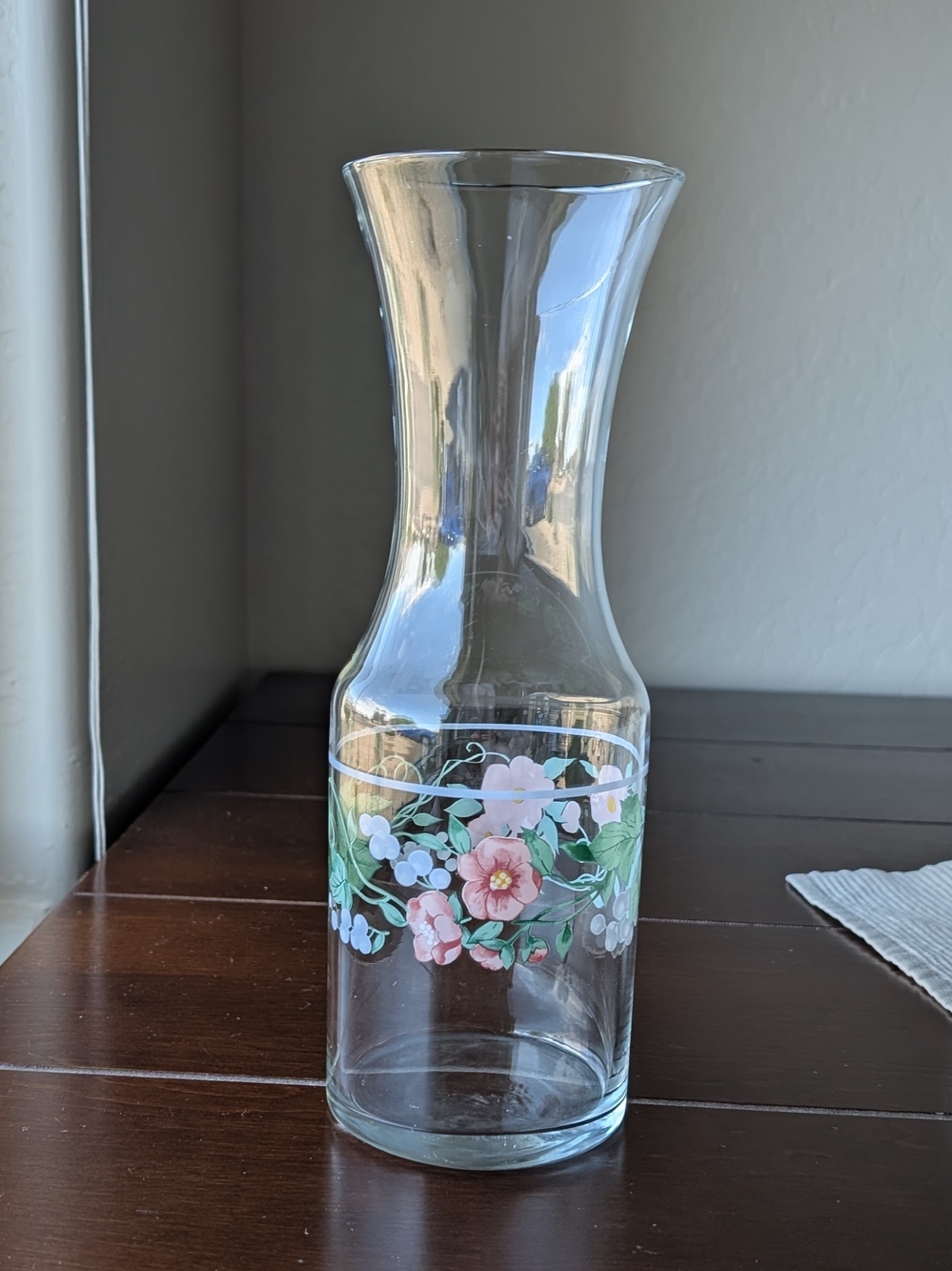 Retro 1990s Mervyn Kensington Clear Glass Carafe Pink Floral 750ml, 11 Inches